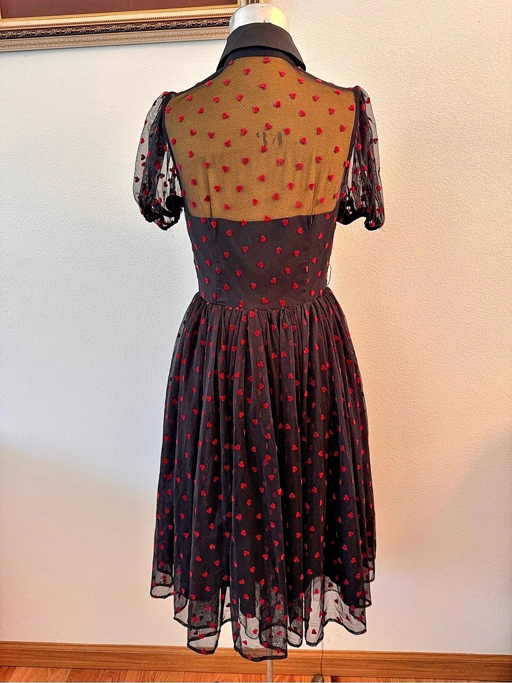 The Vintage Shop Black Red Heart Mesh Dress Size S/4 Retro Romantic - Picture 2 of 8